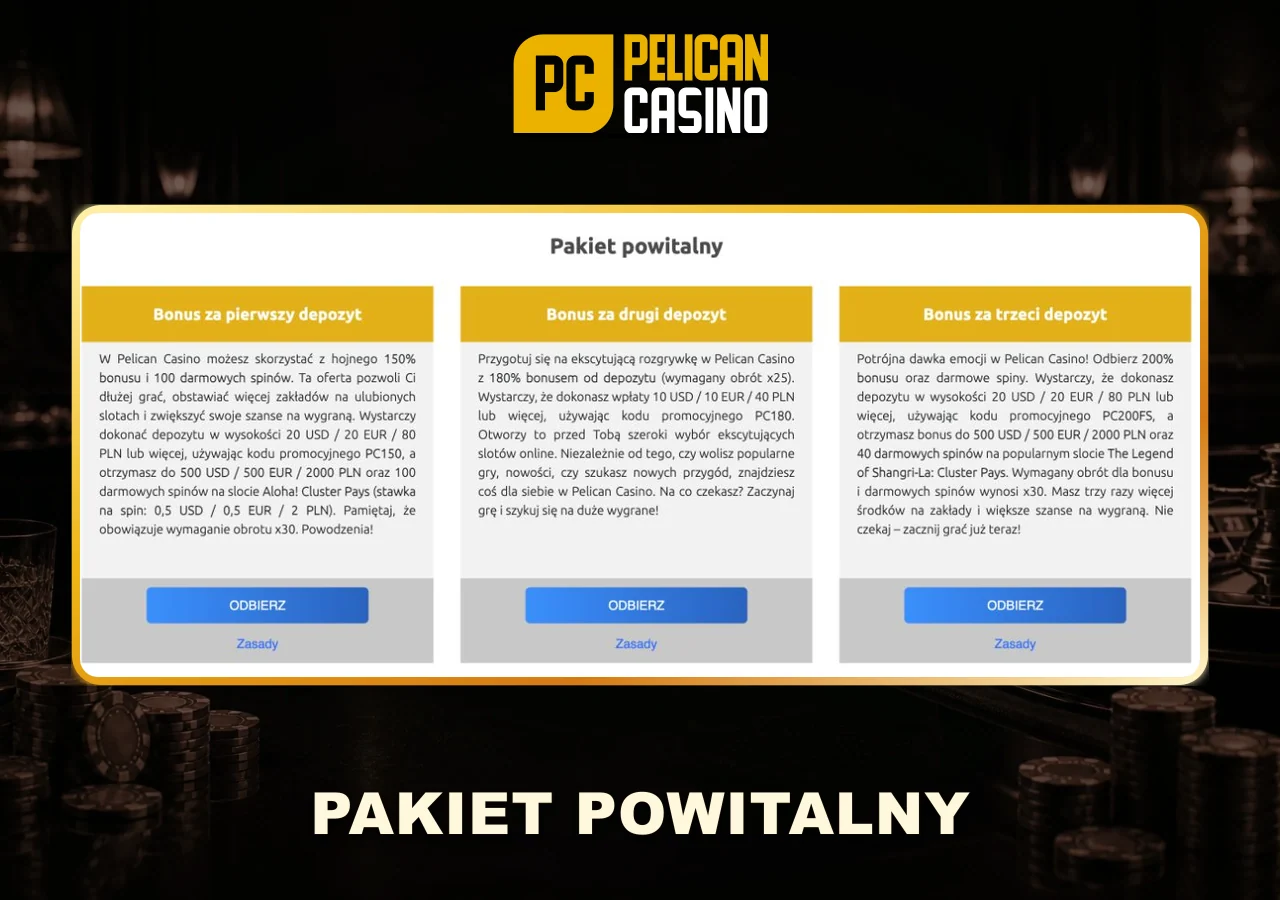 Pakiet powitalny Pelican Casino z trzema ofertami depozytowymi