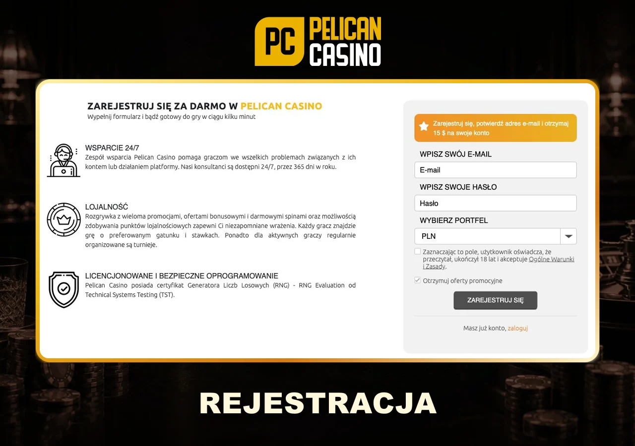 Polski formularz rejestracji Pelican Casino z walutą PLN